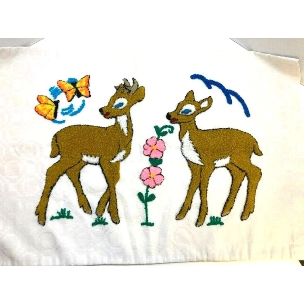 Set of 2 Vtg Pillow Cases w/Deer Butterfly with Flower‎ Punch Stich Handmade